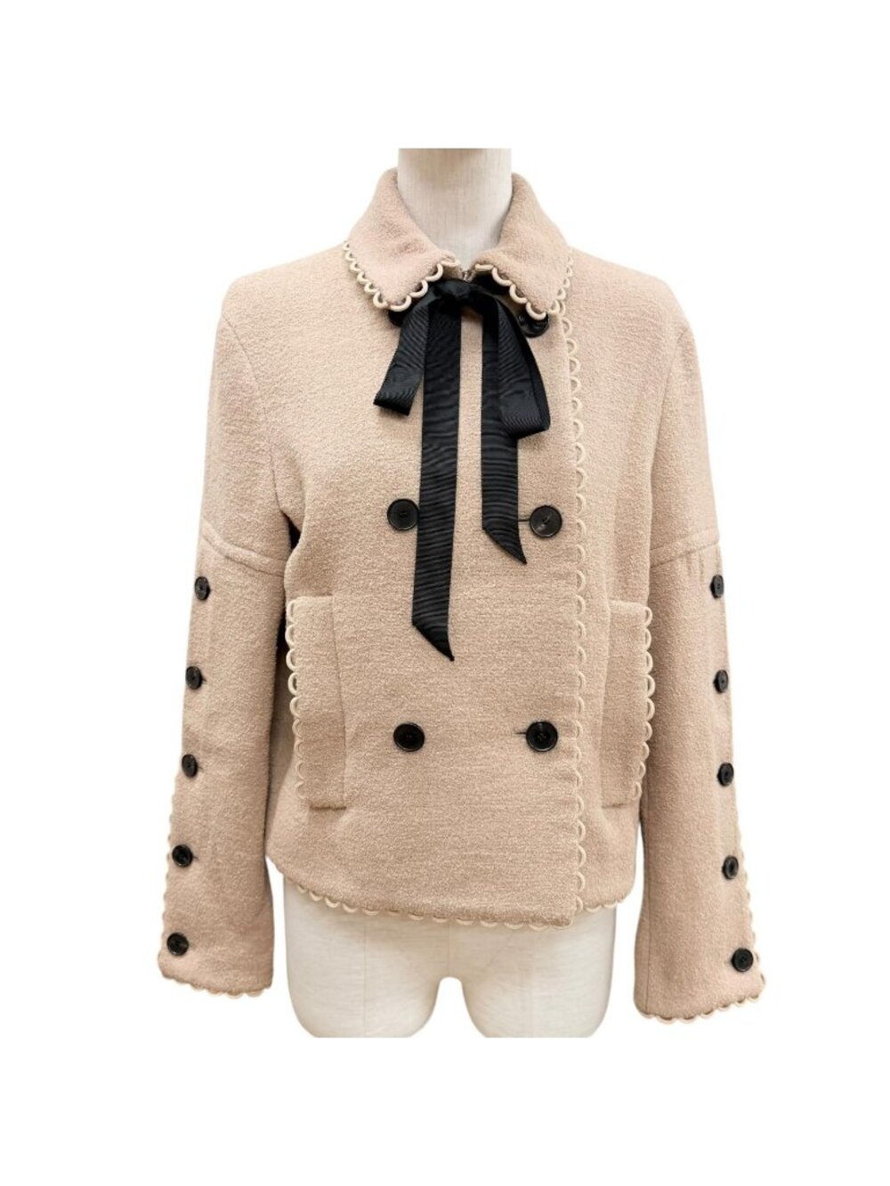 Dior Logo Button Scalloped Edge Bow Pea Jacket Beige 40